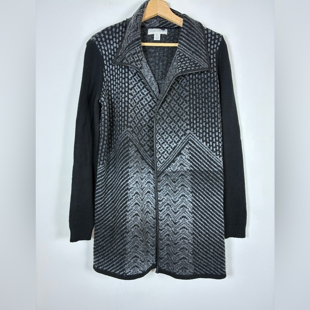 Laura Ashley Cardigan Wool Alpaca Blend Open Front Sweater PL Geo Black Gray